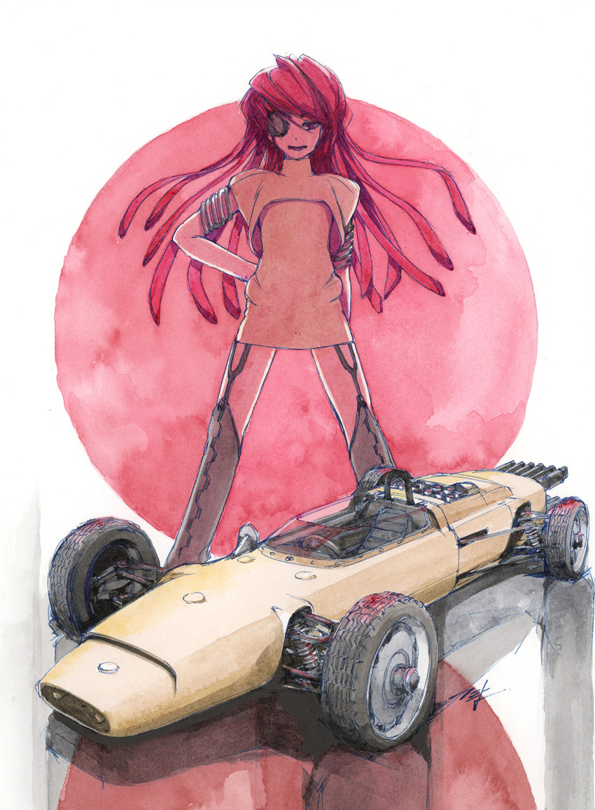 arm_behind_back black_thighhighs brown_shirt car eyepatch female floating_hair formula_one formula_racer garter_straps hi_fumiyo highres honda honda_ra270 long_hair motor_vehicle one_eye_covered open_mouth original personification race_vehicle racecar red_hair shadow shirt signature smile solo thighhighs traditional_media vehicle_and_personification vehicle_focus very_long_hair