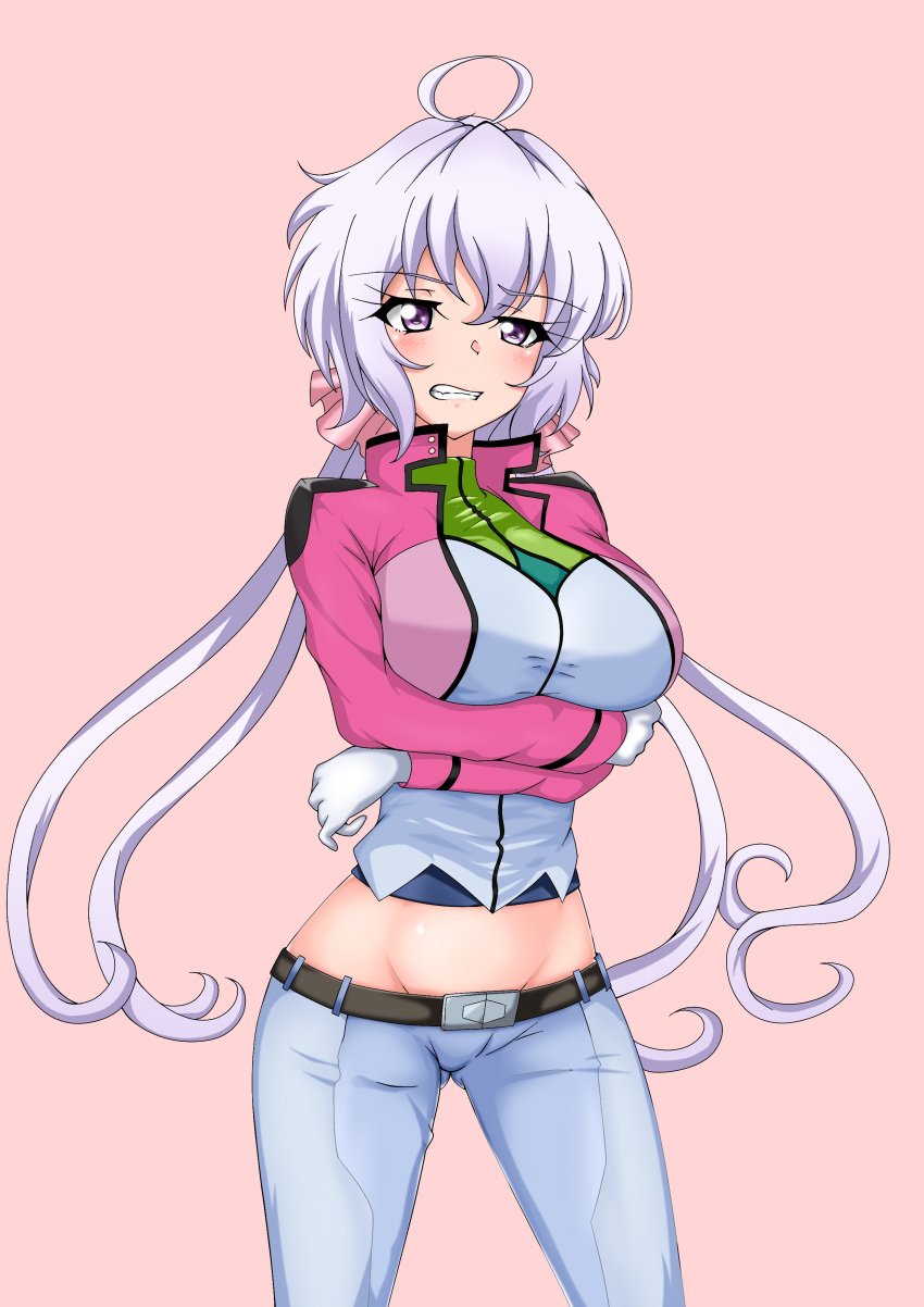 absurdres annoyed arms_under_breasts ass_visible_through_thighs belt black_belt blue_pants blush breasts celestial_being_uniform cosplay crossed_arms feldt_grace feldt_grace_(cosplay) female gloves grey_hair gundam gundam_00 highres jacket kyomeihibiki large_breasts long_hair pants pink_background pink_jacket senki_zesshou_symphogear solo takagaki_ayahi undersized_clothes voice_actor_connection white_gloves yukine_chris