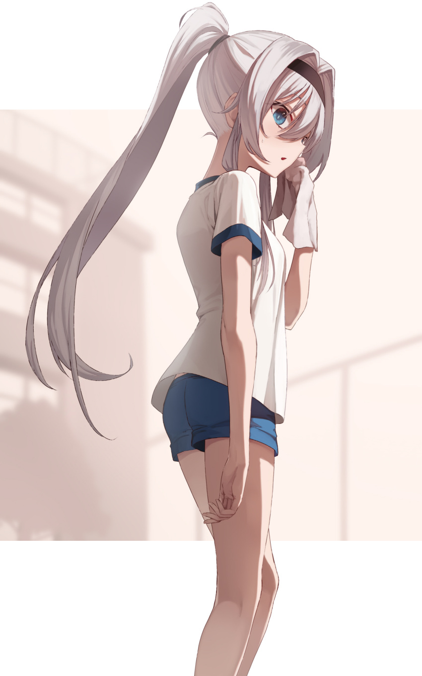 absurdres bad_id bad_twitter_id black_hairband blue_eyes blue_shorts female grey_hair gym_uniform hair_between_eyes hairband highres legs long_hair original ponytail short_sleeves shorts solo soya_(torga) standing