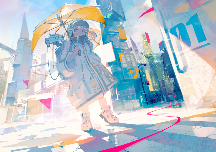 aamond absurdres aqua_eyes building coat crack english_text female hat highres holding holding_umbrella long_sleeves looking_at_viewer original outdoors shadow shoes solo standing umbrella white_coat white_footwear wide_shot wide_sleeves