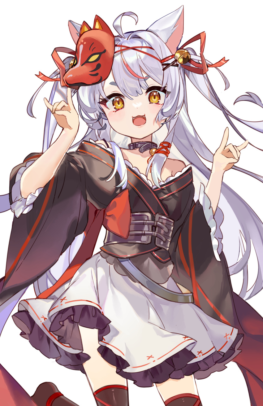 :3 :d absurdres ahoge animal_ears bell black_kimono black_thighhighs brown_eyes commentary_request commission double_fox_shadow_puppet eyebrows_hidden_by_hair fangs female fox_ears fox_mask fox_shadow_puppet grey_hair hair_bell hair_ornament hair_ribbon hands_up highres indie_virtual_youtuber japanese_clothes jingle_bell kamiko_kana karasu_btk kimono long_sleeves mask mask_on_head multicolored_hair no_shoes off_shoulder pixiv_commission red_hair red_ribbon ribbon short_eyebrows simple_background skirt smile solo streaked_hair thick_eyebrows thighhighs v-shaped_eyebrows virtual_youtuber white_background white_skirt wide_sleeves