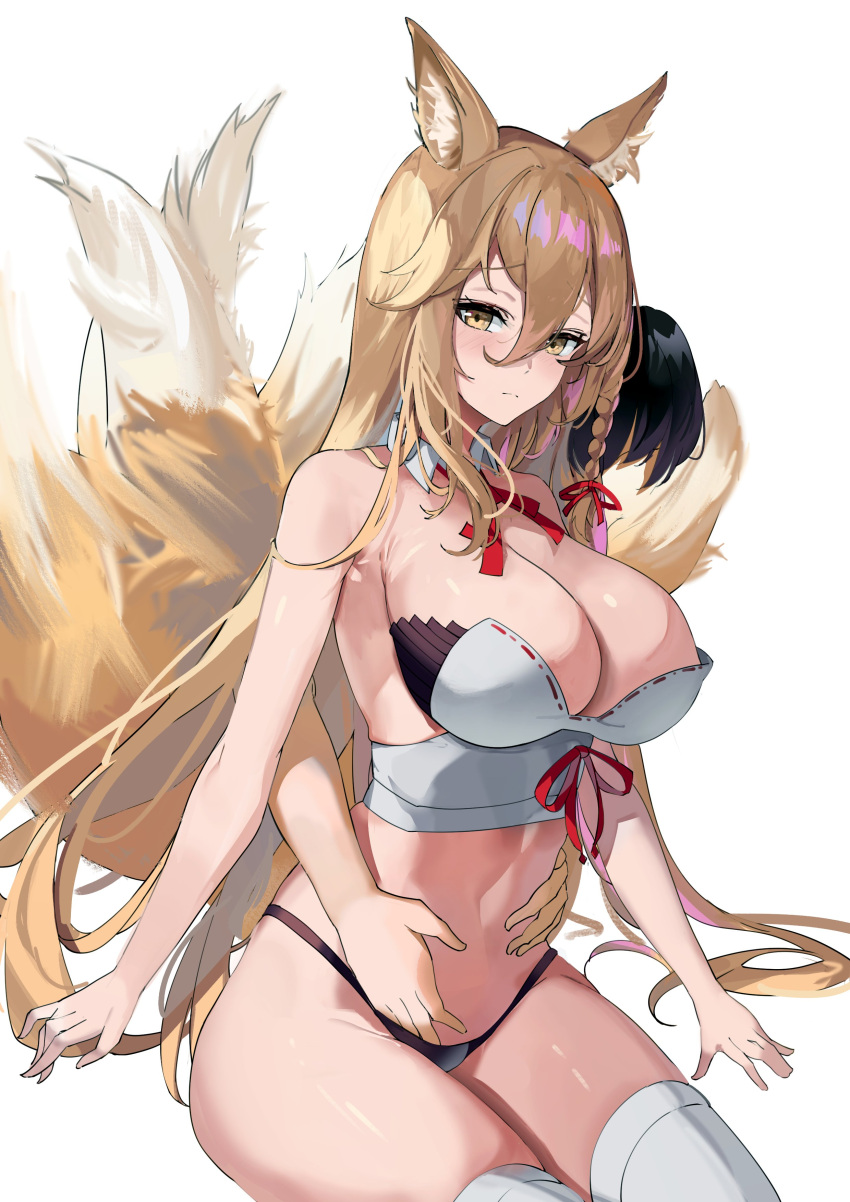 absurdres animal_ears black_panties blonde_hair bra braid breasts cleavage female fox_ears fox_girl fox_tail from_behind hand_on_another's_stomach hand_under_clothes highres hirume_of_heavenly_incense large_breasts last_origin legs_together maanu navel panties reach-around shiny_skin simple_background sitting tail thick_thighs thighhighs thighs torso_grab underwear white_background white_thighhighs yellow_eyes