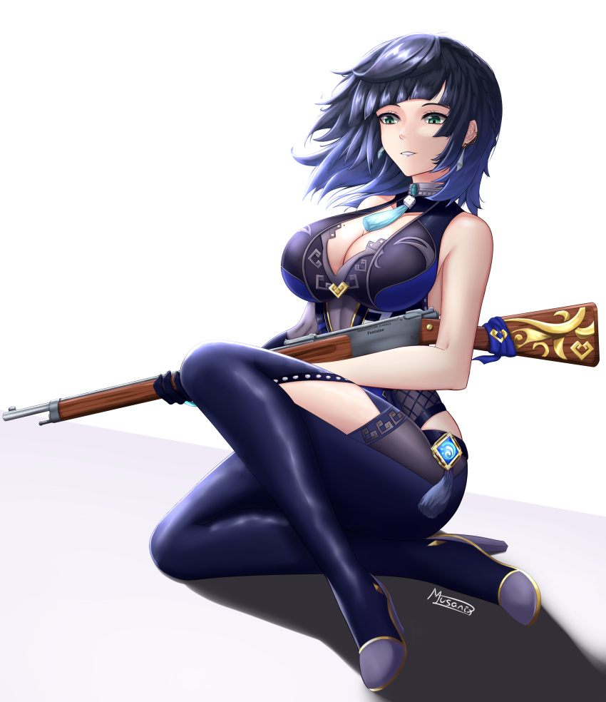 absurdres artist_name bare_shoulders blue_hair blunt_bangs bolt_action breasts cleavage commentary english_commentary female genshin_impact green_eyes grin gun high_heels highres holding holding_gun holding_weapon large_breasts lebel_model_1886 musanix parted_lips rifle short_hair signature sitting sleeveless smile solo thighs weapon white_background yelan_(genshin_impact)