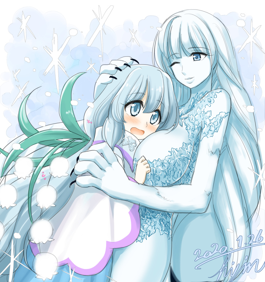 2girls :d ;) animal_hands artist_name blue_eyes blue_hair blue_skin blush breasts cape colored_skin dahlia_(xenoblade) dated flower highres hisin large_breasts lily_of_the_valley long_hair multiple_girls one_eye_closed open_mouth simple_background smile snowflakes standing ursula_(xenoblade) white_cape white_flower xenoblade_chronicles_(series) xenoblade_chronicles_2