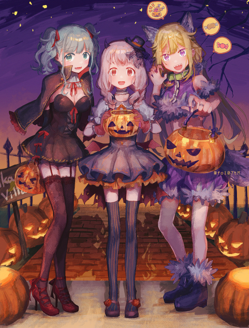 3girls :d animal_ears blonde_hair capelet dress frilled_dress frills fur_trim futaba_sana garter_belt green_eyes green_hair halloween halloween_bucket halloween_costume hat high_heels highres jack-o'-lantern low_twintails magia_record:_mahou_shoujo_madoka_magica_gaiden mahou_shoujo_madoka_magica mini_hat mitsuki_felicia multiple_girls pink_eyes pink_hair purple_eyes ribbon short_twintails smile tamaki_ui thighhighs totte trick_or_treat twintails wolf_ears