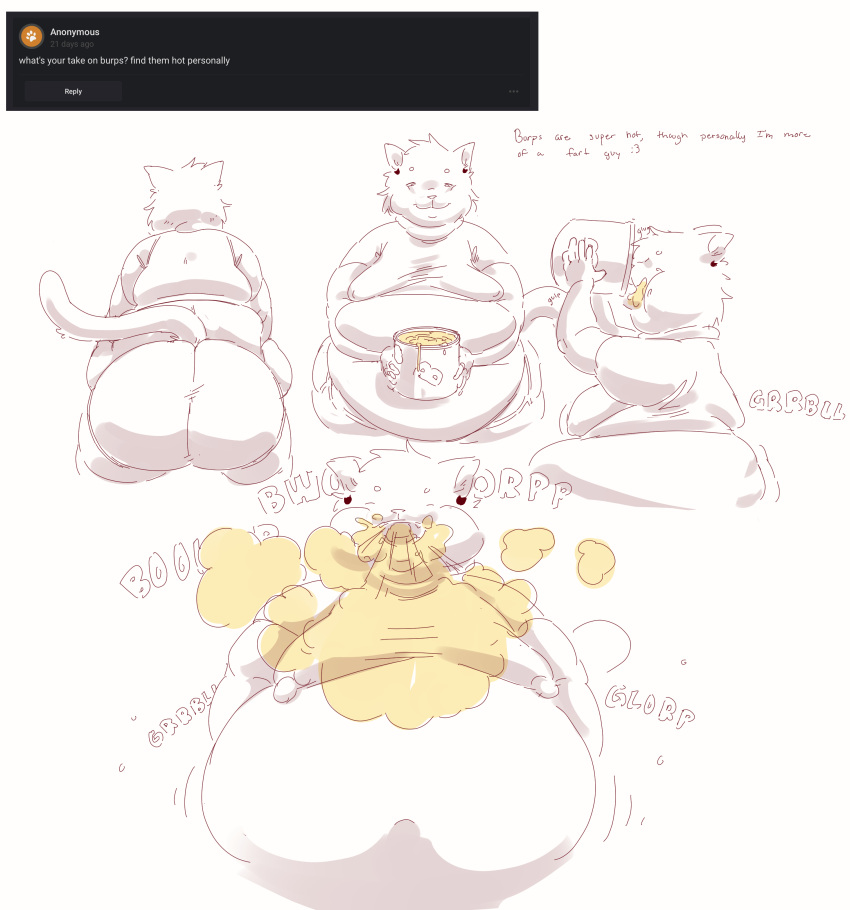 absurd_res anthro ass belly big_belly big_nipples bodily_fluids burping butter dairy_products domestic_cat english_text felid feline felis food grease greasy hi_res huge_belly hyper hyper_nipples male mammal milky_(rblxeevee) moobs nipples obese obese_anthro obese_male onomatopoeia overweight overweight_anthro overweight_male rblxeevee rear_view saggy sequence solo sound_effects sweat text