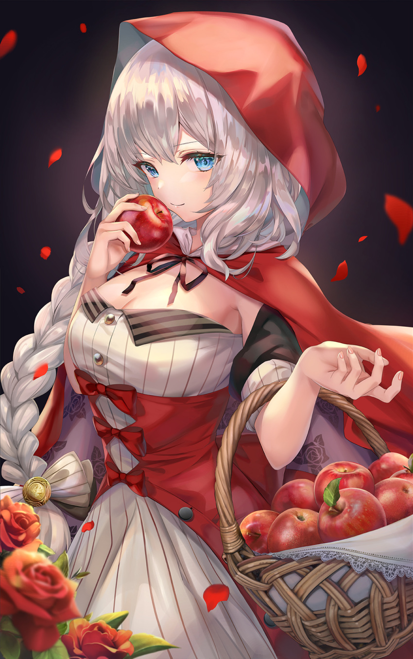 apple basket blue_eyes blush braid breasts buttons capelet cleavage closed_mouth dress fate/grand_order fate_(series) female flower food fruit grey_hair highres hood hood_up hooded_capelet long_hair looking_at_viewer marie_antoinette_(fate) marie_antoinette_(festival_outfit)_(fate) medium_breasts official_alternate_costume petals red_capelet red_skirt rose short_sleeves single_braid skirt smile torino_aqua underbust very_long_hair white_dress