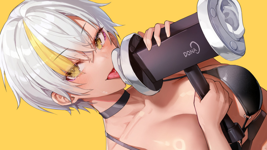 3dio absurdres asmr bikini bikini_top_only binaural_microphone blonde_hair blush breasts choker collarbone dark-skinned_female dark_skin female highres large_breasts looking_at_viewer luvdia microphone misyune multicolored_hair open_mouth park_dona piercing short_hair solo streaked_hair swimsuit tongue tongue_out tongue_piercing virtual_youtuber white_hair yellow_background yellow_eyes