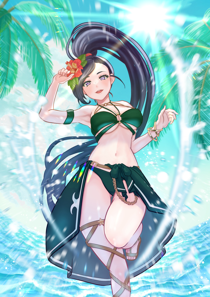 absurdres arm_strap belt_chain bikini black_hair bracelet breasts dragon_quest dragon_quest_xi female flower foot_out_of_frame gladiator_sandals green_bikini green_sarong hair_flower hair_ornament halterneck hand_up hibiscus high_ponytail highres jewelry johny55 looking_at_viewer martina_(dq11) o-ring o-ring_bikini ocean palm_tree parted_lips purple_eyes red_flower revealing_swimsuit_(dq) sandals sarong smile solo standing standing_on_one_leg sun sunlight swept_bangs swimsuit teeth tree upper_teeth_only water