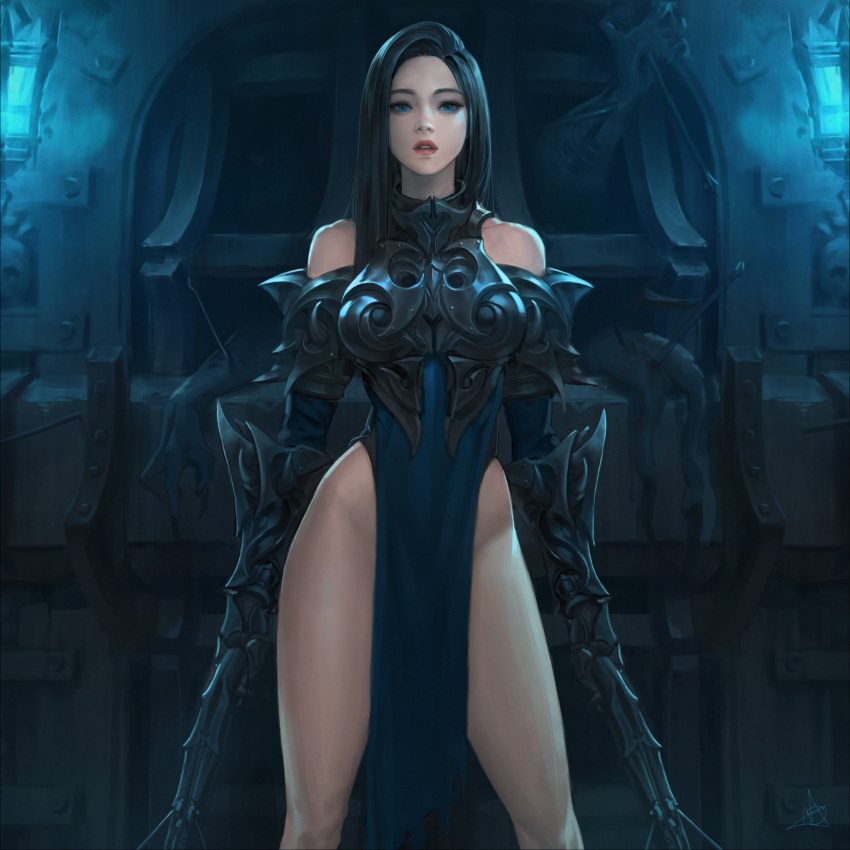 armor arrow_(projectile) bare_shoulders black_hair blue_eyes breastplate breasts commentary daeho_cha door dress dual_wielding fantasy female gauntlets green_dress highres holding holding_weapon large_breasts long_hair no_panties open_mouth original outdoors pelvic_curtain red_lips signature solo teeth weapon