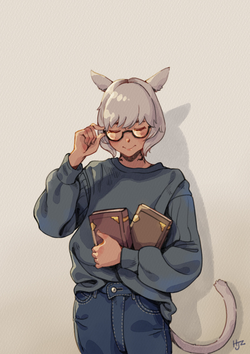 absurdres adjusting_eyewear animal_ears archon_mark book cat_ears cat_tail closed_eyes commentary dark-skinned_female dark_skin denim english_commentary female final_fantasy final_fantasy_xiv glasses grey_hair grey_tail highres hjz_(artemi) holding holding_book jeans kayano_ai miqo'te neck_tattoo pants photo-referenced semi-rimless_eyewear short_hair smile solo sweater tail tattoo texture traditional_media under-rim_eyewear voice_actor voice_actor_connection y'shtola_rhul