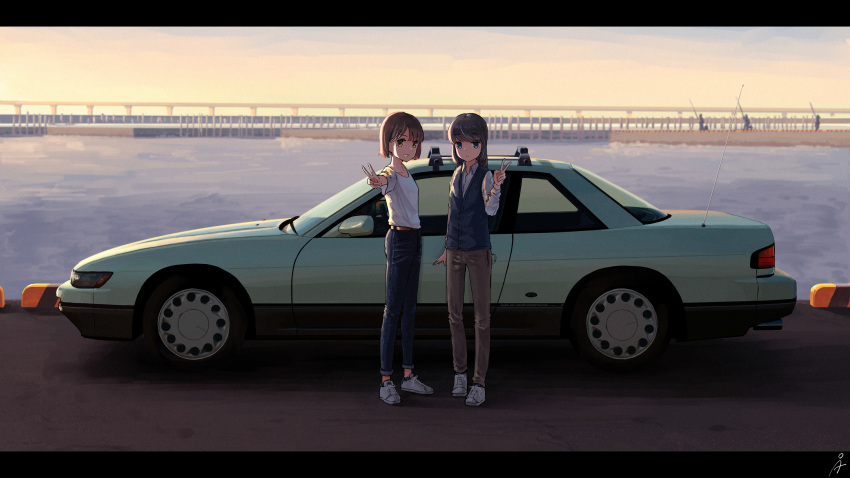 2girls absurdres black_hair blue_eyes bob_cut brown_hair car commentary_request evening extra fishing grin highres letterboxed long_hair motor_vehicle multiple_girls nissan nissan_s13_silvia nissan_silvia original outdoors pants rudeko32 scenery shirt short_hair smile sports_car standing t-shirt v vehicle_focus vest wide_shot yellow_eyes