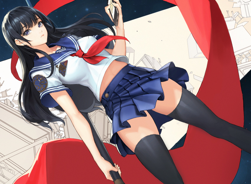 absurdres black_hair blue_sailor_collar blue_skirt breasts brown_eyes cellphone commentary daeho_cha female highres holding holding_phone holding_weapon large_breasts lips long_hair midriff neckerchief original phone photoshop_(medium) pleated_skirt red_neckerchief sailor_collar school_uniform serafuku shirt skirt smartphone solo staff thighhighs thighs weapon white_shirt zettai_ryouiki