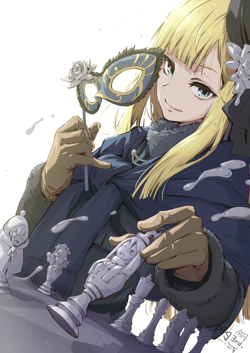 absurdres aqua_eyes artist_logo bishop_(chess) black_hat blonde_hair brown_gloves chess_piece closed_mouth commentary crown dated eye_mask fate_(series) female flower fur_collar gloves gray_(fate) grey_flower hair_flower hair_ornament hat highres king_(chess) knight_(chess) long_hair long_sleeves looking_at_viewer lord_el-melloi_ii lord_el-melloi_ii_case_files mask pawn_(chess) pig3rd queen_(chess) reines_el-melloi_archisorte rook_(chess) rose signature smile solo trimmau_(fate) waver_velvet white_flower white_rose