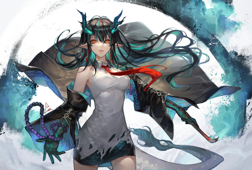 aqua_eyes arknights beads black_coat black_hair breasts calligraphy_brush chinese_commentary coat collared_dress colored_skin commentary_request cowboy_shot dragon_girl dragon_horns dragon_tail dress dusk_(arknights) earrings female floating_hair gradient_hair green_skin hair_between_eyes highres holding holding_brush horns jewelry long_hair long_sleeves looking_at_viewer medium_breasts multicolored_hair necktie off_shoulder open_clothes open_coat paintbrush parted_lips red_eyes red_necktie signature simple_background solo spade-m tail very_long_hair white_background white_dress wide_sleeves