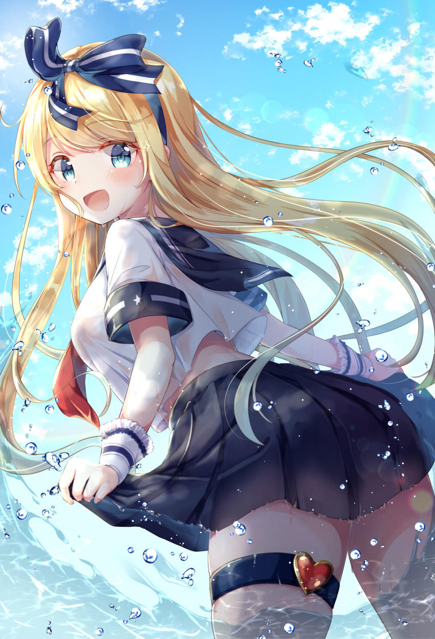 :d black_skirt blonde_hair blue_eyes cloud crop_top crop_top_overhang day emu_alice female floating_hair gomano_rio hair_ribbon highres leaning_forward liver_city long_hair looking_at_viewer looking_back midriff miniskirt neckerchief open_mouth outdoors pleated_skirt rainbow ribbon sailor_collar school_uniform serafuku shirt short_sleeves skirt smile solo thigh_strap wading water wet white_shirt wrist_cuffs