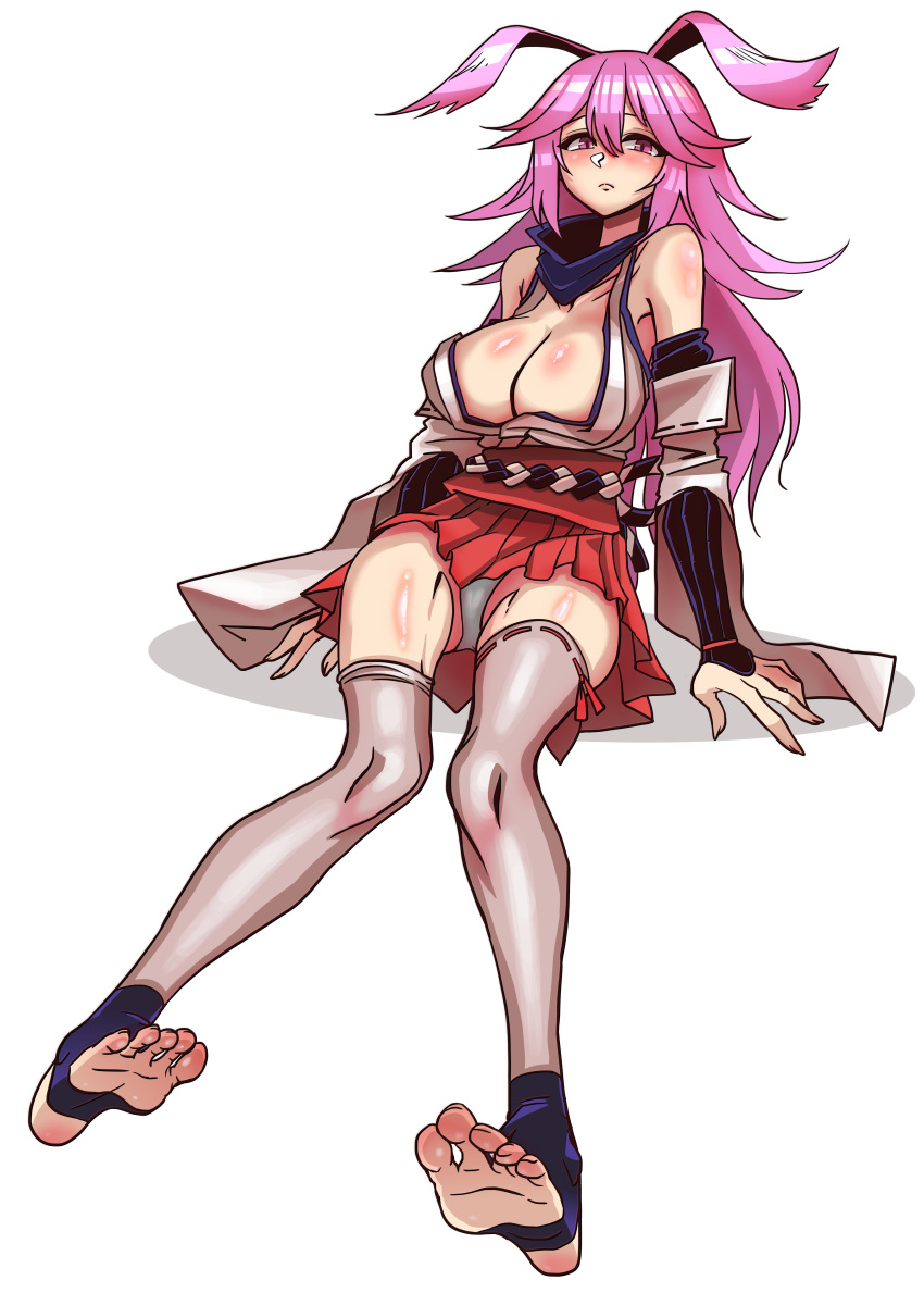 absurdres alternate_eye_color animal_ears bare_shoulders breasts cleavage closed_mouth feet female foot_focus fox_ears full_body ga320aaa highres honkai_(series) honkai_impact_3rd japanese_clothes large_breasts legs long_hair looking_at_viewer miko panties pink_eyes pink_hair pink_skirt simple_background skirt soles solo stirrup_legwear thighhighs toeless_legwear toenails toes underwear white_background white_panties white_sleeves white_thighhighs yae_sakura yae_sakura_(gyakushinn_miko)