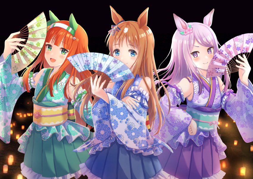 3girls alternate_costume animal_ears blush brown_hair commentary_request detached_sleeves grass_wonder_(umamusume) hand_fan headband highres horse_ears horse_girl japanese_clothes kimono long_hair looking_at_viewer mejiro_mcqueen_(umamusume) multiple_girls orange_hair purple_hair sakurakkuma silence_suzuka_(umamusume) simple_background smile umamusume