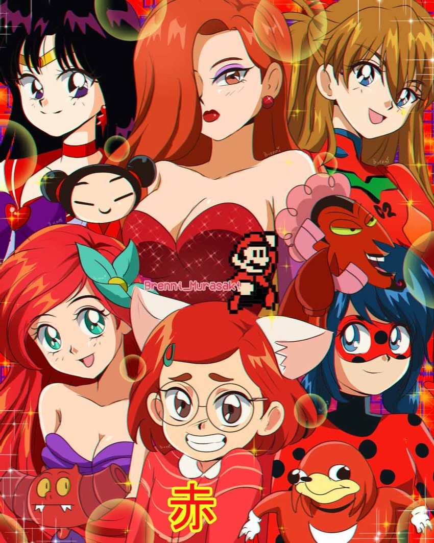 1990s_(style) 3boys 6+girls :d animification annotated aqua_eyes ariel_(disney) bishoujo_senshi_sailor_moon black_hair blue_eyes blue_hair bodysuit breasts brenni_murasaki brown_eyes choker circlet cleavage closed_mouth collarbone color_connection colored_skin commentary courtney_(dead_end:_paranormal_park) crossover dead_end:_paranormal_park derivative_work domino_mask earrings english_commentary eyeshadow gloves grin hair_ornament hairclip highres him_(powerpuff_girls) hino_rei interface_headset jessica_rabbit jewelry jumping knuckles_the_echidna ladybug_(character) large_breasts lipstick makeup marinette_dupain-cheng mario mario_(series) mask meilin_lee meme miraculous_ladybug multiple_boys multiple_crossover multiple_girls neon_genesis_evangelion open_mouth orange_hair pilot_suit plugsuit powerpuff_girls pucca pucca_(cartoon) purple_eyeshadow red_bodysuit red_choker red_hair red_shirt red_skin red_theme retro_artstyle sailor_mars sailor_senshi_uniform shirt smile sonic_(series) souryuu_asuka_langley super_mario_bros._3 the_little_mermaid toon_(style) translated turning_red ugandan_knuckles white_gloves who_framed_roger_rabbit