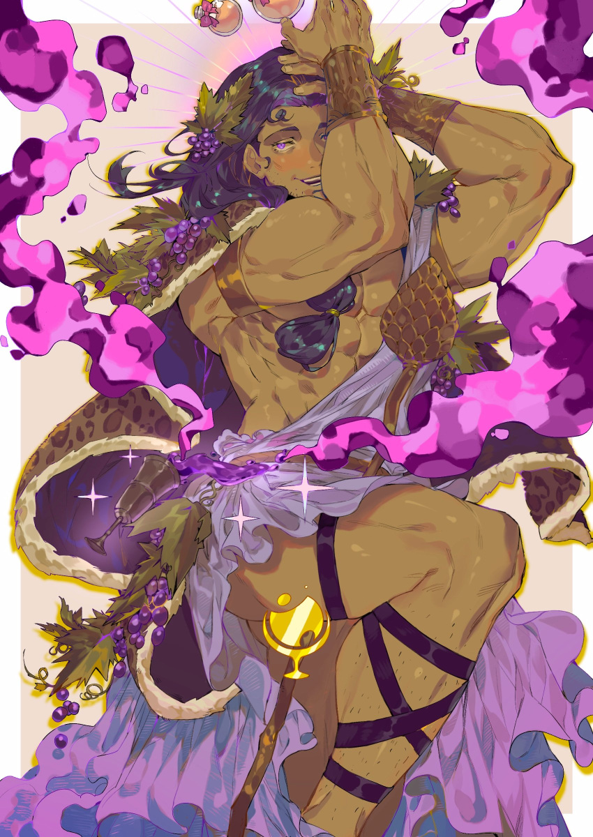 1boy absurdres armlet bara black_hair cape censored cheetah_print dark-skinned_male dark_skin dionysus_(hades) feet_out_of_frame food fruit fur_cape grapes greek_clothes guihuaaaaa hades_(game) hair_ornament highres long_hair male_focus muscular muscular_male purple_eyes purple_hair smile solo sparkle sunburst wrist_cuffs