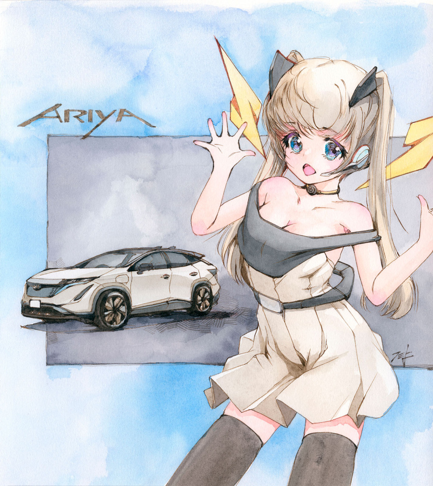 black_dress black_thighhighs blonde_hair blue_eyes breasts brown_dress car cleavage collarbone commentary_request dress earpiece female hi_fumiyo highres medium_breasts motor_vehicle nissan nissan_ariya off_shoulder open_hands original personification solo sports_utility_vehicle thighhighs traditional_media twintails two-tone_dress vehicle_and_personification vehicle_name