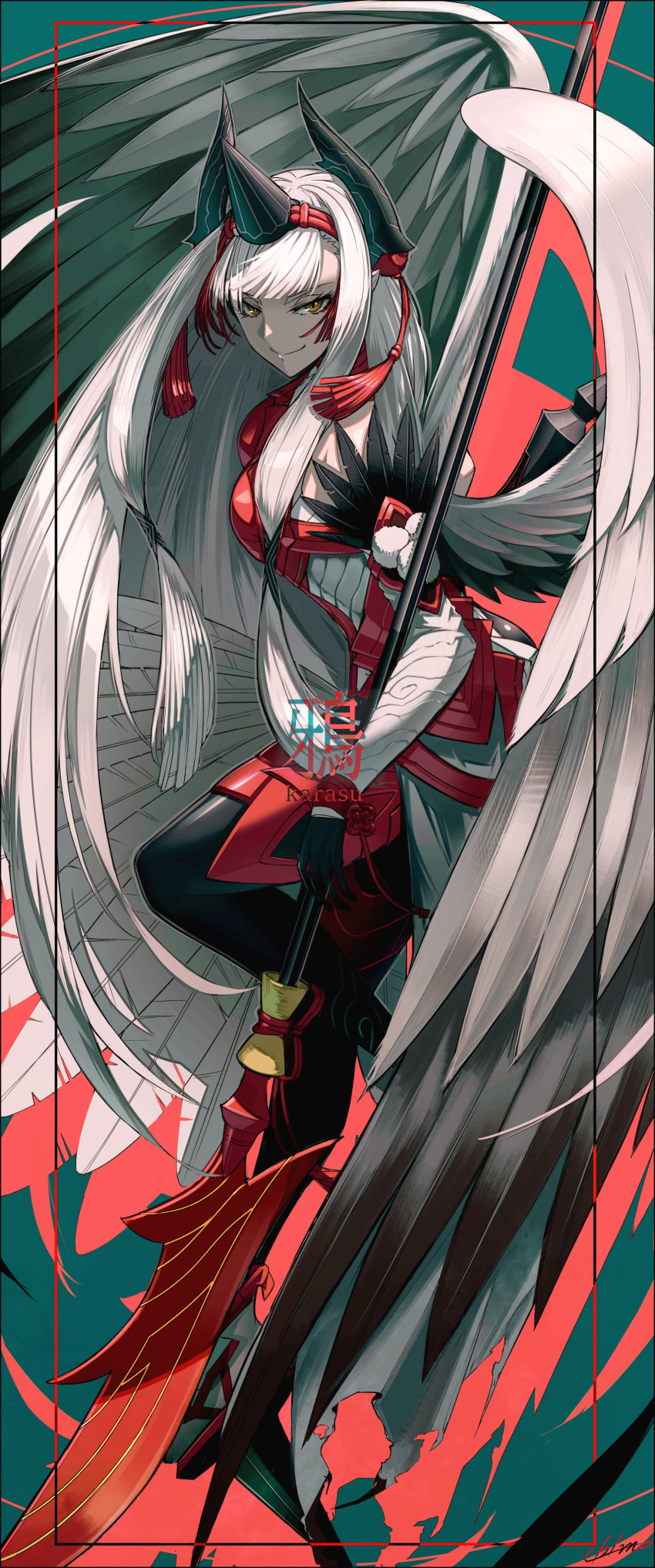 absurdres armor artist_name fate/grand_order fate_(series) female hair_ornament highres holding holding_polearm holding_weapon horns japanese_armor japanese_clothes kiichi_hougen_(fate) long_hair polearm signature simple_background solo spear tengu ub1mo very_long_hair weapon white_hair wings yellow_eyes