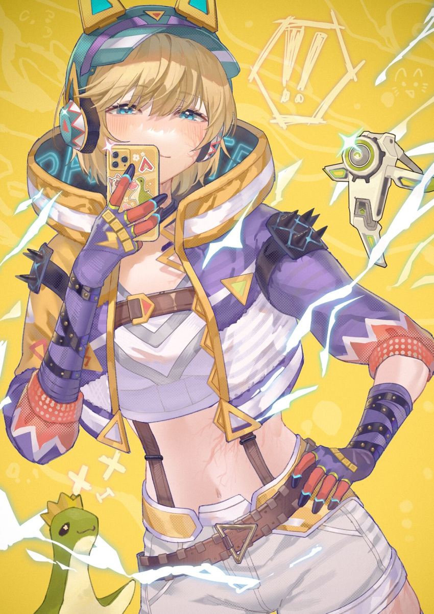 ! !! animal_ear_headphones animal_ears animification apex_legends blonde_hair blue_hat blush cat_ear_headphones cellphone chinese_commentary commentary_request crop_top cropped_shirt crown electricity fake_animal_ears female gloves hack_(apex_legends) hand_on_own_hip hat headphones highres holding holding_phone hood hooded_jacket jacket lichtenberg_figure looking_at_viewer multicolored_clothes multicolored_jacket navel nessie_(respawn) non-humanoid_robot official_alternate_costume phone purple_gloves purple_jacket robot scar scar_on_face scar_on_stomach selfie shirt short_hair shorts shoulder_spikes smartphone smile solo spikes sticker stuffed_toy thunder_kitty_wattson visor_cap wattson_(apex_legends) white_shirt white_shorts x_x yellow_background yellow_jacket zhongji