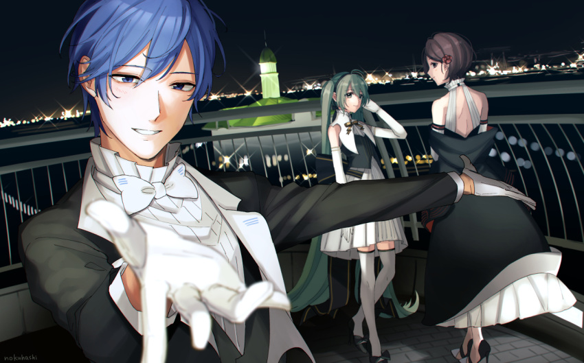 1boy 2girls bare_shoulders blue_eyes blue_hair brown_hair city_lights commentary diffraction_spikes dress flower foreshortening formal gloves green_hair hair_flower hair_ornament hand_up hatsune_miku kaito_(vocaloid) looking_at_viewer looking_back meiko_(vocaloid) miku_symphony_(vocaloid) multiple_girls night nokuhashi outdoors outstretched_arms railing reaching reaching_towards_viewer ribbon short_hair smile suit twintails vocaloid