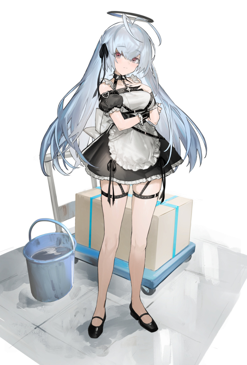 antenna_hair apron black_dress black_footwear blue_hair box breasts bucket cardboard_box closed_mouth dress female full_body gradient_hair grey_hair halo hayama_eishi highres long_hair looking_at_viewer medium_breasts multicolored_hair original red_eyes solo standing thigh_strap very_long_hair white_apron