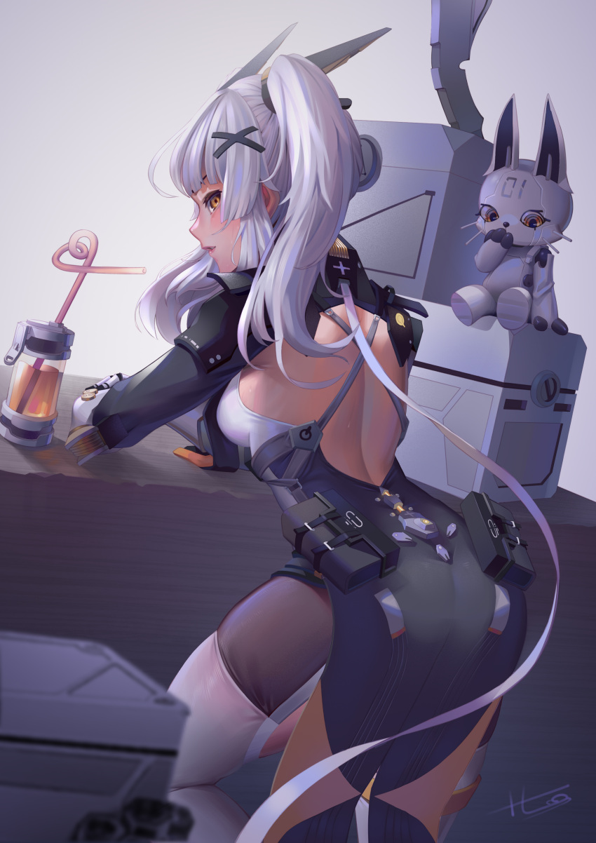 absurdres armor armored_dress ass back blush breasts cowboy_shot crazy_straw dress drink drinking_straw feet female from_behind h.an_(516635864) highres karenina:_scire_(punishing:_gray_raven) karenina_(punishing:_gray_raven) leaning_on_table lips long_hair looking_at_viewer looking_back medium_breasts punishing:_gray_raven sideboob thighhighs thighs twintails white_hair