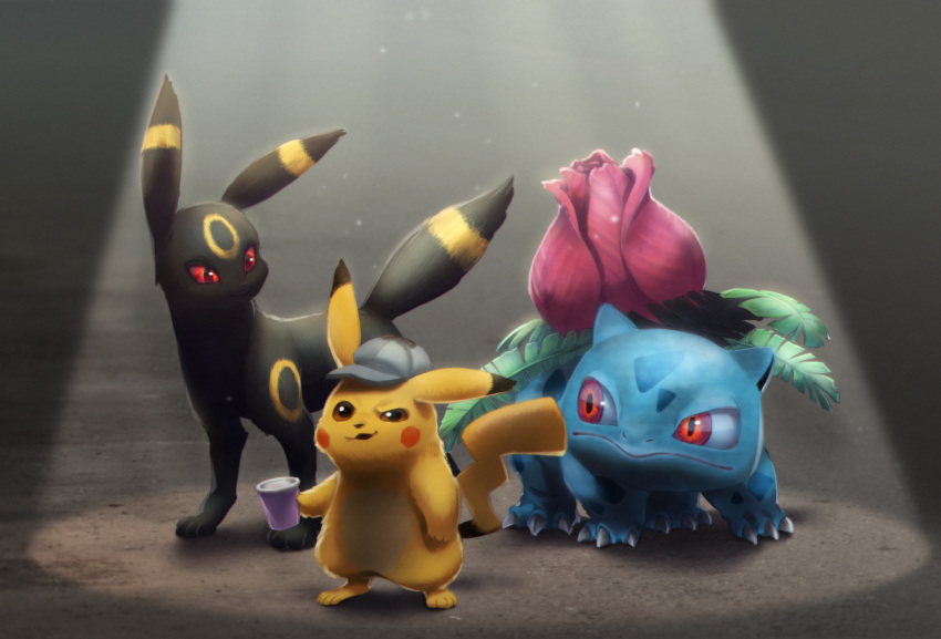 2019 ambiguous_gender being_watched claws clothing container cup detective_pikachu eeveelution feral generation_1_pokemon generation_2_pokemon group hat headgear headwear hi_res holding_container holding_cup holding_object ivysaur leaf looking_at_another ningukt nintendo open_mouth pikachu pokemon pokemon_(species) red_eyes semi-anthro trio umbreon