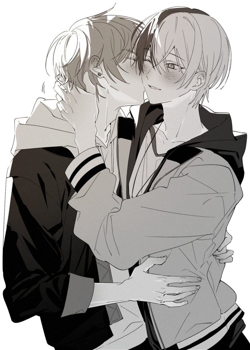 2boys aoyagi_touya blush closed_eyes commentary couple earrings fingernails greyscale hair_between_eyes hand_on_another's_neck highres hood hood_down hooded_jacket jacket jewelry kissing kissing_cheek long_sleeves male_focus mole mole_under_eye monochrome multicolored_hair multiple_boys open_clothes open_jacket project_sekai samgak shinonome_akito short_hair sleeves_past_elbows smile split-color_hair symbol-only_commentary two-tone_hair upper_body white_background yaoi