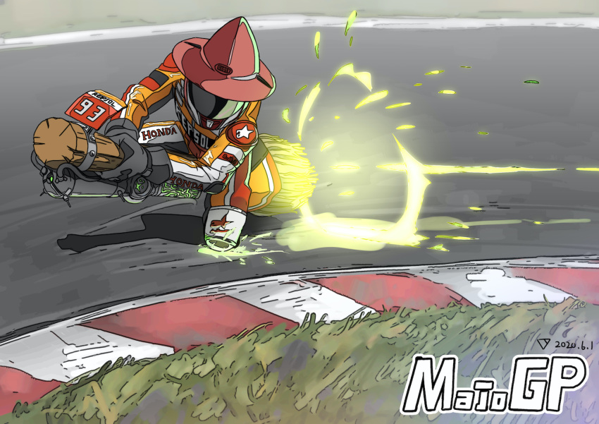 1boy bad_id bad_pixiv_id broom broom_riding commentary dated drifting glowing grass hat helmet holding holding_broom honda male_focus marc_marquez moto_gp motorcycle_helmet race_vehicle racetrack racing racing_suit real_life shoei solo triangle_bullet witch_hat