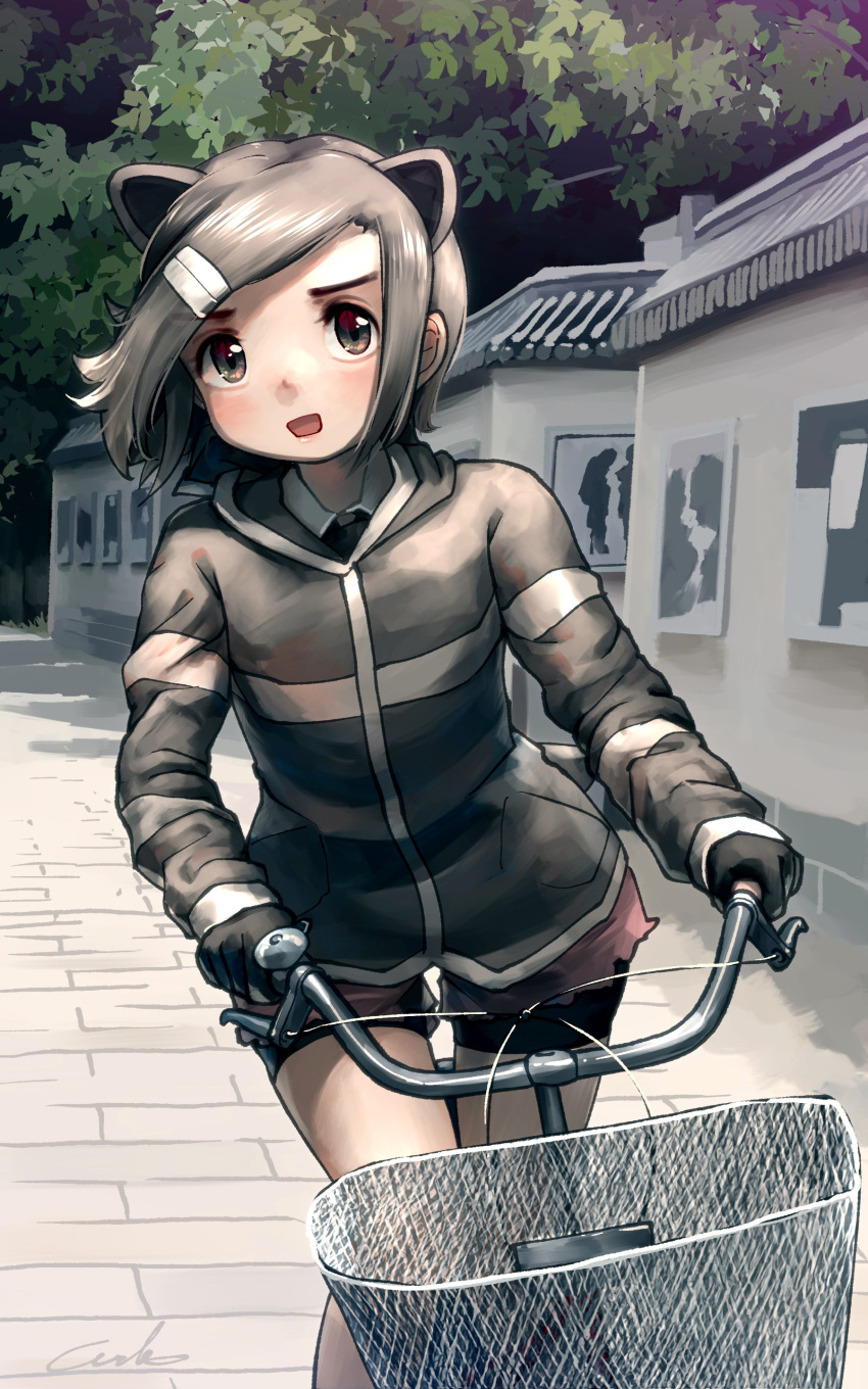 absurdres animal_ears beaver_ears bicycle bike_shorts bike_shorts_under_shorts black_eyes black_gloves commentary day eurasian_beaver_(kemono_friends) extra_ears female gloves grey_hair hair_ornament hairclip highres jacket kemono_friends looking_at_viewer open_mouth outdoors riding riding_bicycle short_hair short_shorts shorts solo swept_bangs thigh_gap welt_(kinsei_koutenkyoku)