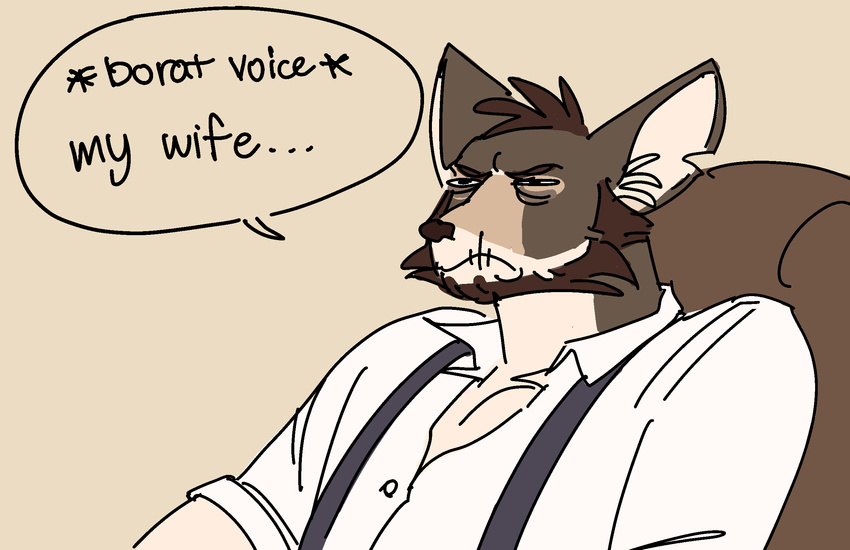 2023 anthro beard canid canine canis coyote dialogue echo_(series) echo_project english_text facial_hair ganii grumpy hi_res humor male mammal sitting solo text the_smoke_room william_adler