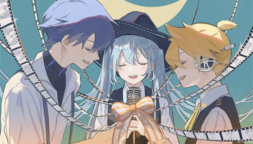 2boys aky_ami alternate_costume black_headwear black_vest blonde_hair blue_hair bow bowtie closed_eyes commentary crescent_moon female film_strip happy_end_(vocaloid) hat hatsune_miku headphones highres holding holding_microphone kagamine_len kaito_(vocaloid) leaning_forward long_hair microphone microphone_stand moon multiple_boys music open_mouth ribbon shirt short_ponytail side-by-side singing smile spiked_hair striped striped_bow twintails upper_body very_long_hair vest vocaloid white_shirt