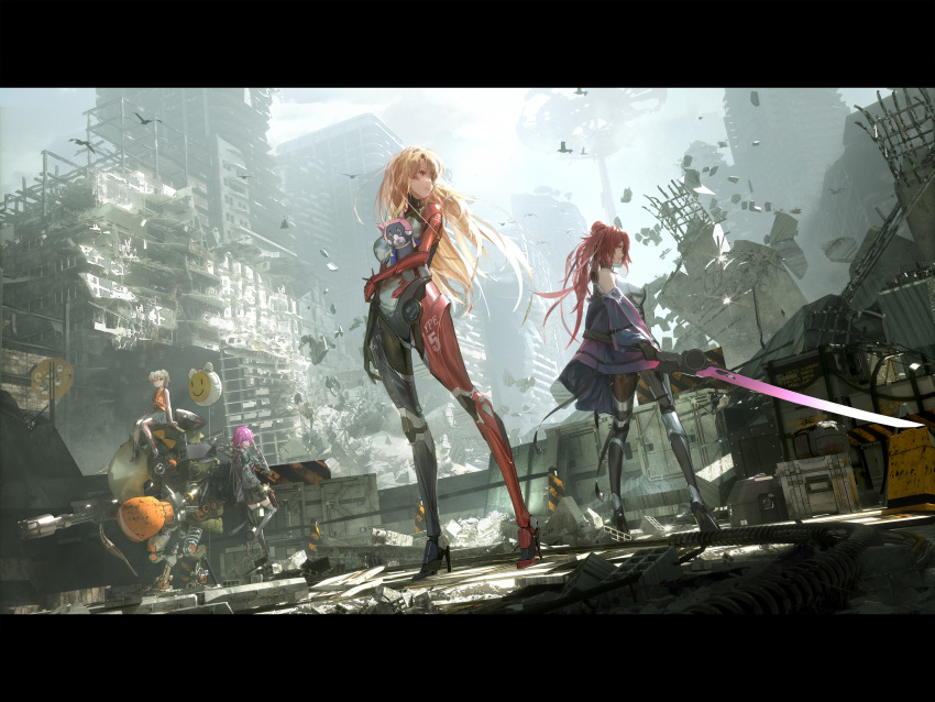 4girls balloon bare_shoulders blonde_hair city cyberpunk debris fen_bang_laoda frigg_(tower_of_fantasy) grey_hair high_heels highres holding holding_stuffed_toy holding_sword holding_weapon iset_(tower_of_fantasy) jacket letterboxed long_hair multiple_girls nemesis_(tower_of_fantasy) official_art outdoors pink_hair red_hair robot rubble ruins scenery seele_(tower_of_fantasy) short_hair sitting skirt standing stuffed_toy sword thighhighs tower_of_fantasy weapon