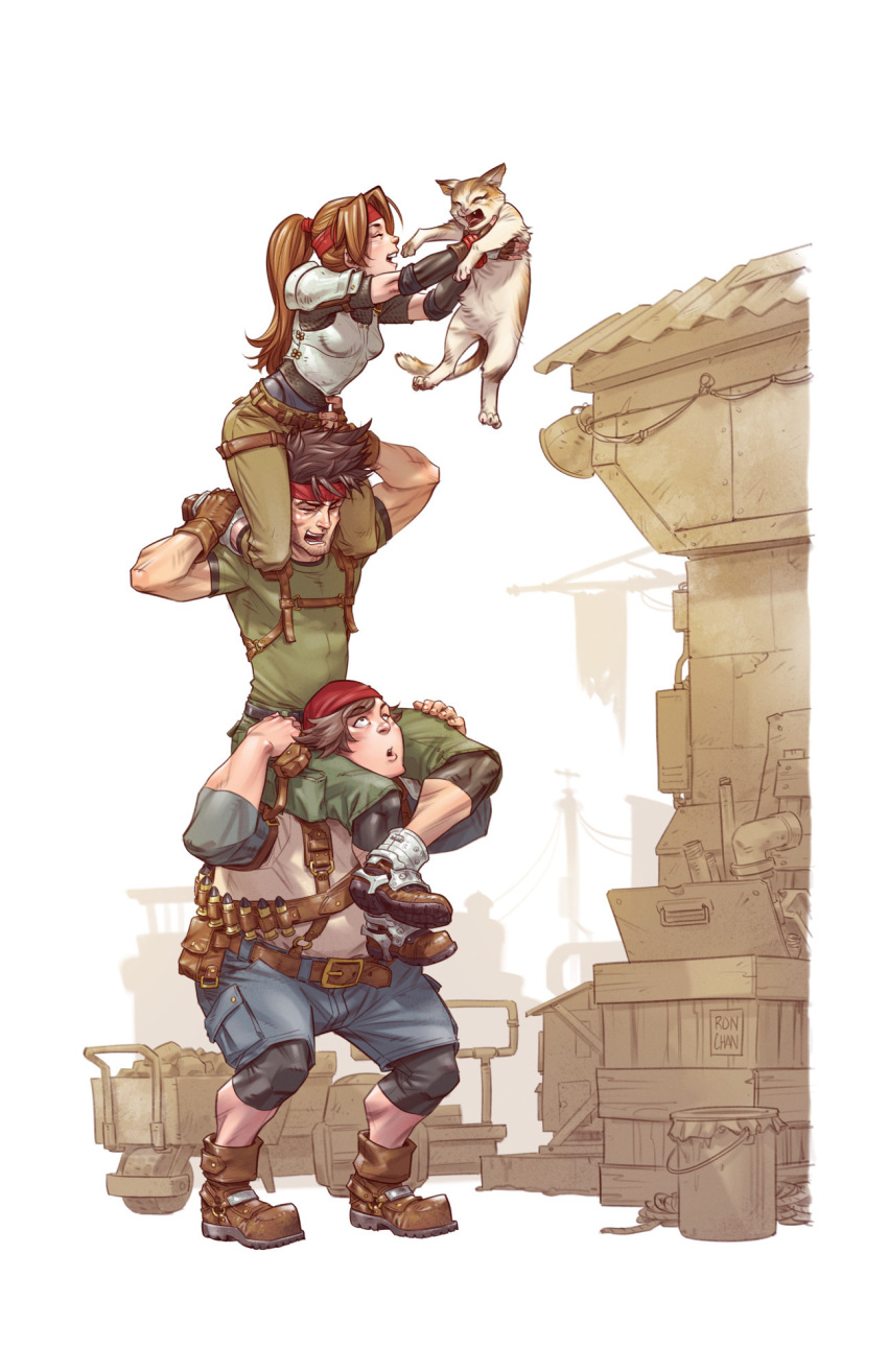 2boys ammunition_belt armor bandana biggs_(ff7) boobplate boots brown_hair carrying facial_hair fangs feline female final_fantasy final_fantasy_vii final_fantasy_vii_remake fingerless_gloves gloves headband highres jessie_rasberry looking_up multiple_boys open_mouth ponytail red_bandana red_headband red_headwear ron_chan shoulder_armor smile stubble wedge_(ff7)