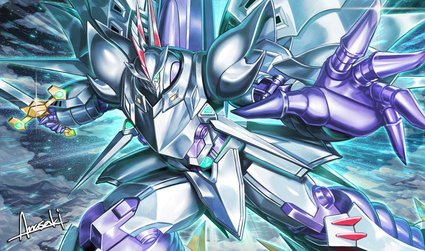 amasaki_yusuke aura cloud cybuster glowing glowing_eye holding holding_sword holding_weapon mecha no_humans robot signature sparkle super_robot_wars super_robot_wars_the_lord_of_elemental sword weapon