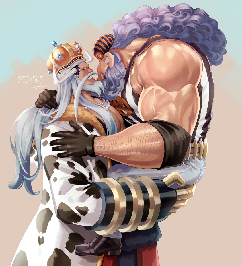 2boys animal_print arm_around_neck arm_hair avalo_pizarro bara bare_shoulders beard biceps carrying coat commentary_request cow_print crown curly_hair denim eye_contact eye_mask face-to-face facial_hair gauntlets gem gloves grey_hair grin hand_on_another's_shoulder highres horns jeans jesus_burgess jewelry long_hair long_sleeves looking_at_another male_focus mask moustache multiple_boys muscular muscular_male necklace one_piece pants pearl_(gemstone) pearl_necklace pectorals print_coat purple_hair shirt shoes sleeveless sleeveless_shirt smile youkan_(tako)