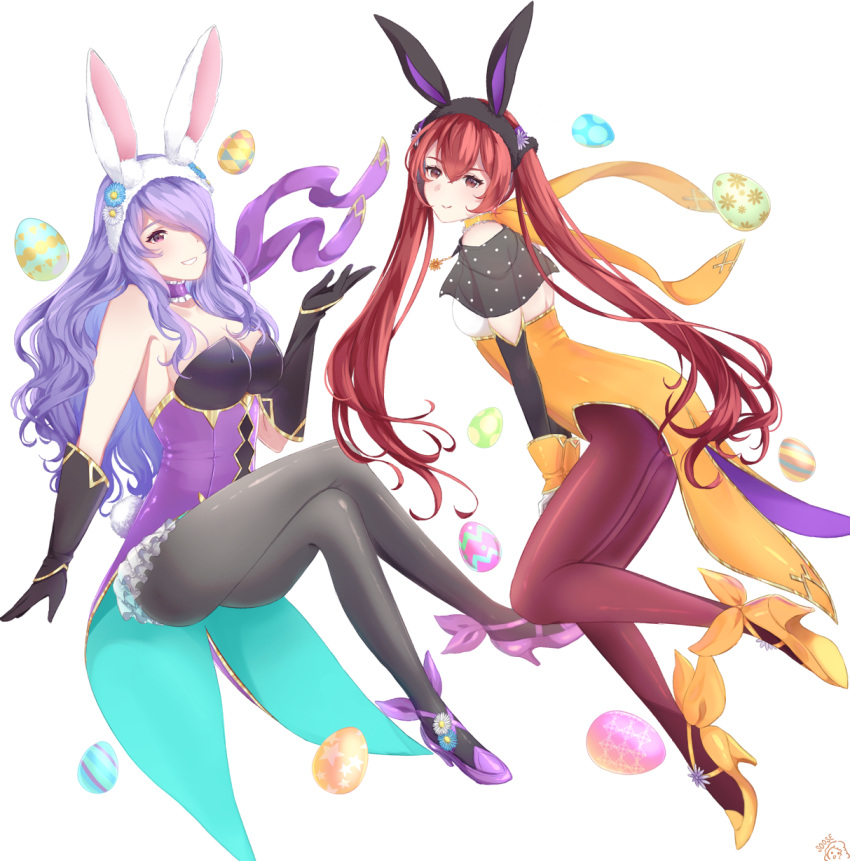 2girls alternate_costume animal_ears bare_shoulders black_gloves breasts camilla_(fire_emblem) camilla_(spring)_(fire_emblem) cleavage easter_egg egg fake_animal_ears fire_emblem fire_emblem_awakening fire_emblem_fates fire_emblem_heroes full_body gloves hair_between_eyes hair_over_one_eye highres kiro125 leotard long_hair looking_at_viewer multiple_girls official_alternate_costume pantyhose purple_eyes purple_hair rabbit_ears rabbit_tail red_eyes red_hair severa_(fire_emblem) severa_(spring)_(fire_emblem) strapless strapless_leotard tail twintails very_long_hair white_background white_gloves