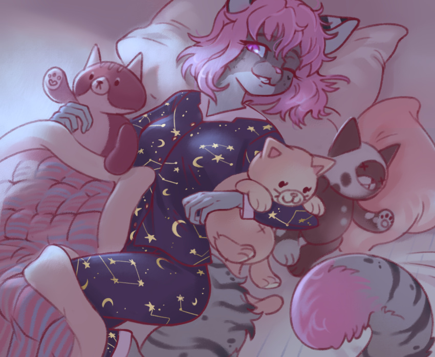 anthro bed clothing cuddling_plushie domestic_cat felid feline felis female fluffy fur furniture fynnley_(character) hair hi_res littlesis lying mammal markings mixed_breed on_back on_bed pajamas pillow pink_eyes pink_hair plushie savannah_cat smile smiling_at_viewer solo spots spotted_body spotted_fur striped_body striped_fur stripes