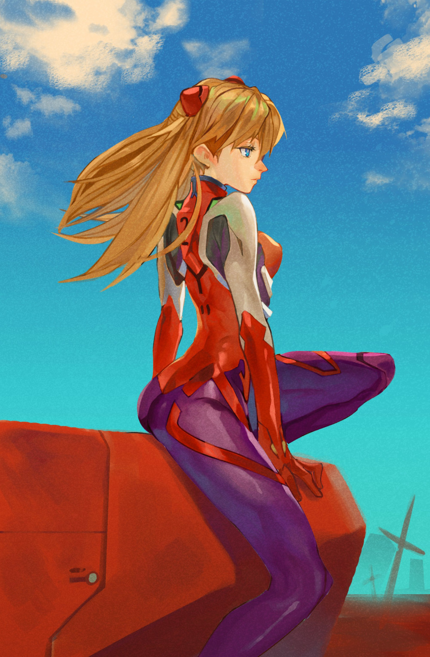 absurdres blue_eyes blue_sky bodysuit breasts evangelion:_3.0_you_can_(not)_redo female foot_out_of_frame hair_between_eyes headgear high_collar highres interface_headset laio long_hair looking_to_the_side medium_breasts neon_genesis_evangelion orange_hair outdoors pilot_suit plugsuit profile rebuild_of_evangelion red_bodysuit science_fiction sitting sky solo souryuu_asuka_langley twintails