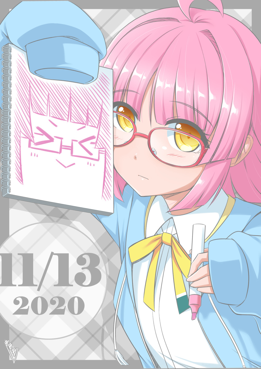 absurdres birthday blunt_bangs blush breasts bunji commentary dated drawing expressionless female glasses hair_intakes highres jacket looking_at_viewer love_live! love_live!_nijigasaki_high_school_idol_club marker nijigasaki_school_uniform pink_hair red-framed_eyewear rina-chan_board school_uniform short_hair sidelocks signature sketchbook sleeves_past_wrists small_breasts solo tennoji_rina upper_body yellow_eyes