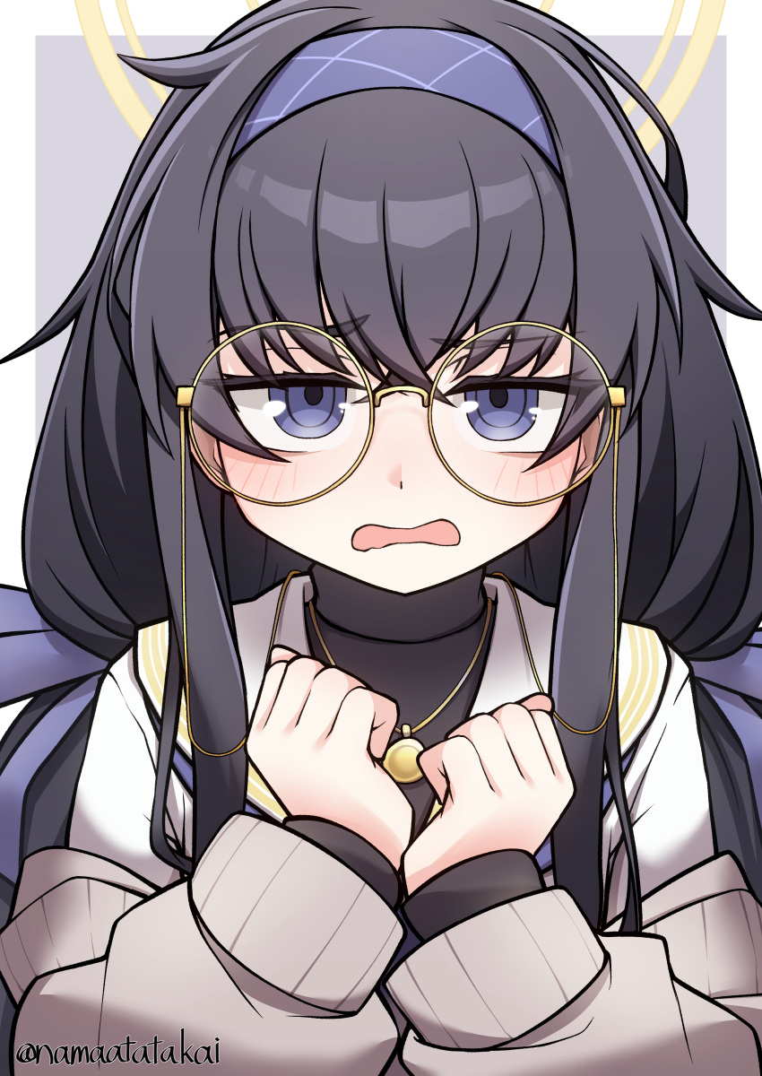 absurdres black_hair blue_archive blue_eyes blue_hairband blue_ribbon blush cardigan commentary_request eyewear_strap female glasses hair_ribbon hairband highres jewelry long_hair long_sleeves looking_at_viewer low_twintails namaata necklace open_mouth ribbon round_eyewear sailor_collar simple_background solo twintails twitter_username two-tone_background ui_(blue_archive) upper_body very_long_hair wavy_mouth white_sailor_collar