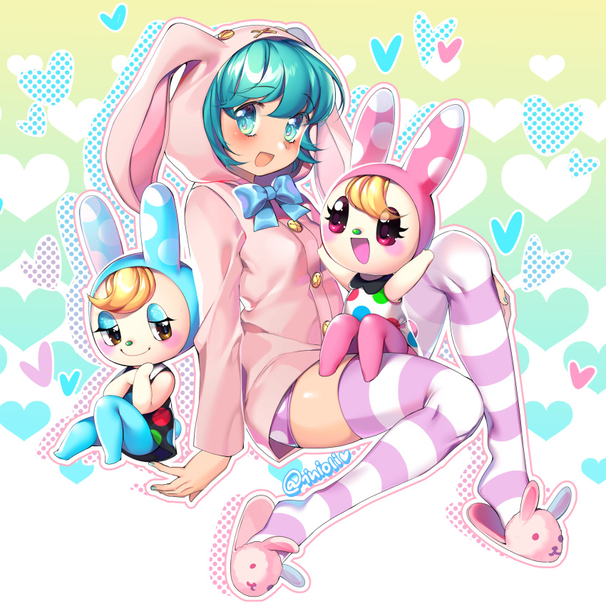 3girls :d animal_crossing animal_ears animal_hood animal_slippers aqua_eyes aqua_hair bad_id bad_pixiv_id black_dress blonde_hair blush bunny_ears_hoodie_(module) bunny_slippers chrissy_(animal_crossing) commentary dress eyeshadow fake_animal_ears francine_(animal_crossing) hatsune_miku heart highres hood hoodie inioli long_hair long_sleeves makeup multiple_girls open_mouth pink_eyes pink_hoodie pink_shorts polka_dot polka_dot_dress polka_dot_shorts rabbit_ears rabbit_hood short_hair short_shorts shorts slippers smile striped_clothes striped_thighhighs tail thighhighs vocaloid white_dress