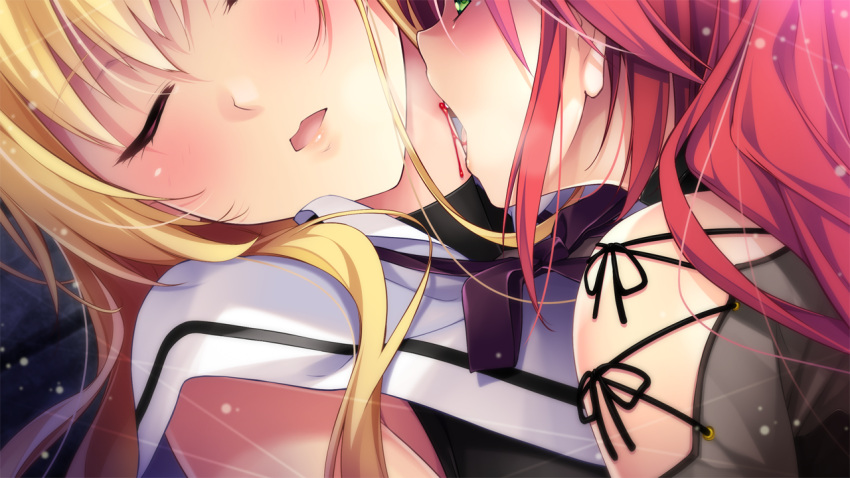 2girls blonde_hair blood blush closed_eyes game_cg green_eyes head_tilt long_hair multiple_girls neck_ribbon nightmare_x_vampire onizuki_rei open_mouth purple_ribbon red_hair ribbon sailor_collar shindou_yuuka simon_(n.s_craft) teeta_j upper_body vampire white_sailor_collar yuri