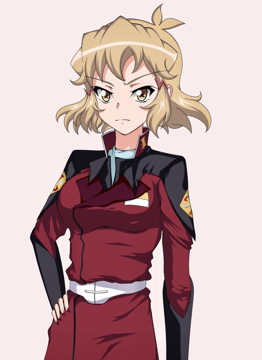 absurdres belt breasts brown_hair cosplay female frown gundam gundam_seed gundam_seed_destiny hair_behind_ear hand_on_own_hip highres jacket kyomeihibiki medium_breasts military military_uniform pink_background red_jacket senki_zesshou_symphogear senki_zesshou_symphogear_xd_unlimited shinn_asuka shinn_asuka_(cosplay) solo tachibana_hibiki_(symphogear) tachibana_hibiki_(symphogear)_(another) uniform v-shaped_eyebrows white_belt yellow_eyes