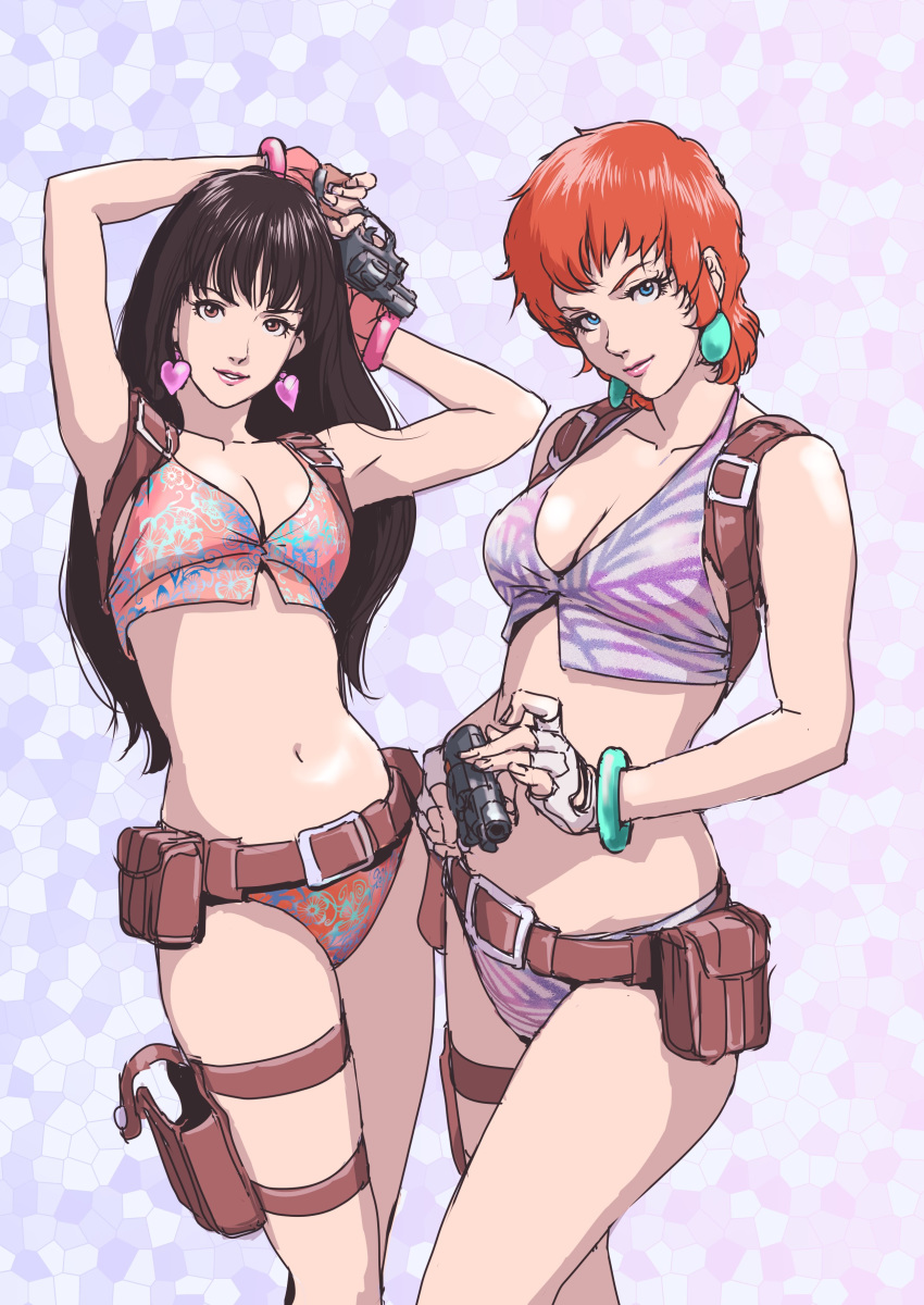 2girls absurdres arms_up blue_eyes bracelet breasts brown_eyes brown_hair cleavage collarbone commentary_request crop_top dirty_pair dirty_pair_(novels) earrings fingerless_gloves gloves gun handgun heart heart_earrings highres jewelry kei_(dirty_pair_novels) long_hair medium_breasts micro_shorts midriff multiple_girls navel orange_hair pink_background pouch revolver short_hair shorts teikoku_jokyoku weapon yuri_(dirty_pair_novels)