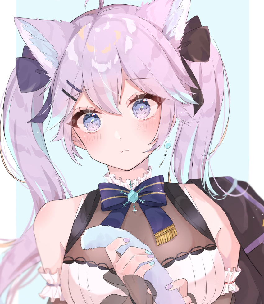 absurdres animal_ear_fluff animal_ears bad_id bad_twitter_id black_bow black_jacket blue_hair blush bodice bow breasts cat_ears cat_girl cat_tail detached_sleeves female hairbow highres holding_own_tail jacket jacket_on_shoulders kemonomimi_mode medium_breasts multicolored_hair nijisanji nijisanji_kr nun_bora nun_bora_(3rd_costume) purple_eyes purple_hair shain solo streaked_hair tail twintails virtual_youtuber